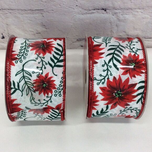 Celebrate it Christmas Ribbon 2 Rolls Red Poinsettia Holiday Wired 2.5” x 25’ Ea - Picture 1 of 4